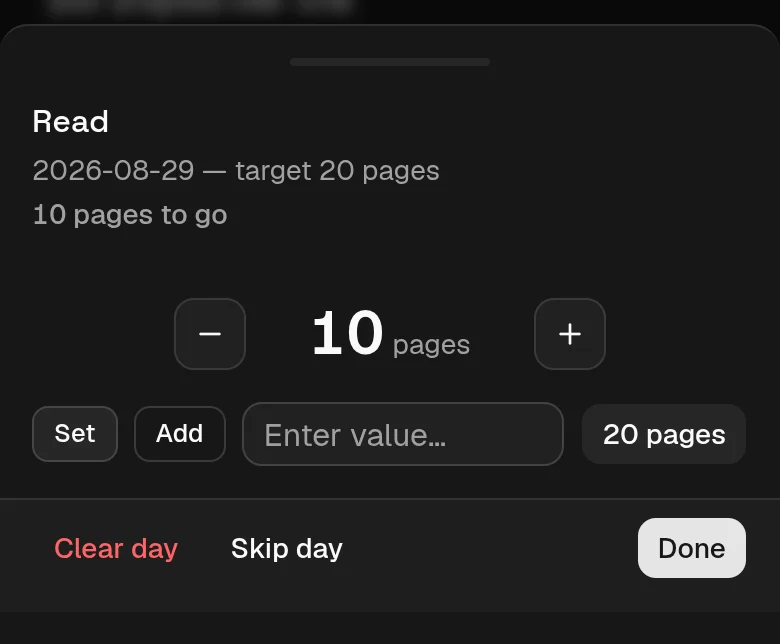 The value panel on a phone for the Read habit: the target line, a sentence saying how many pages are still to go today, the Set/Add toggle and a number field.
