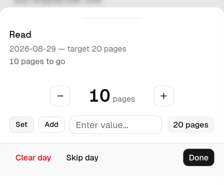 The value panel on a phone for the Read habit: the target line, a sentence saying how many pages are still to go today, the Set/Add toggle and a number field.